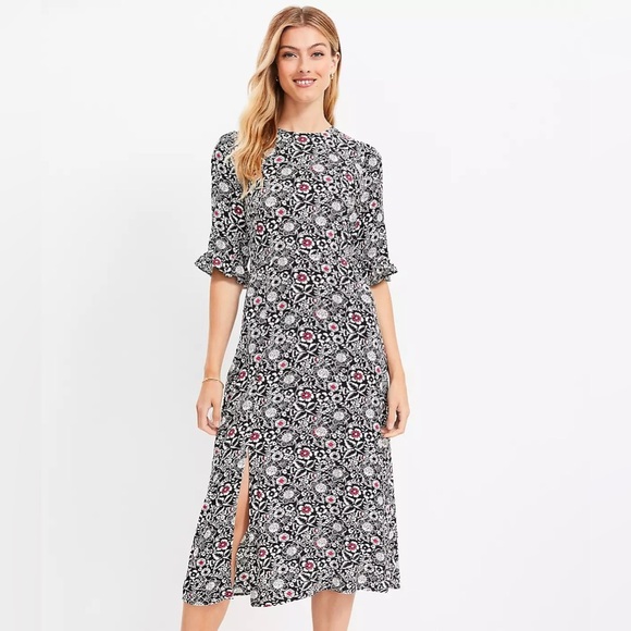 LOFT Dresses & Skirts - LOFT Women’s Black White Pink Floral Ruffle Cuff Midi Dress Zip Back - Size 12